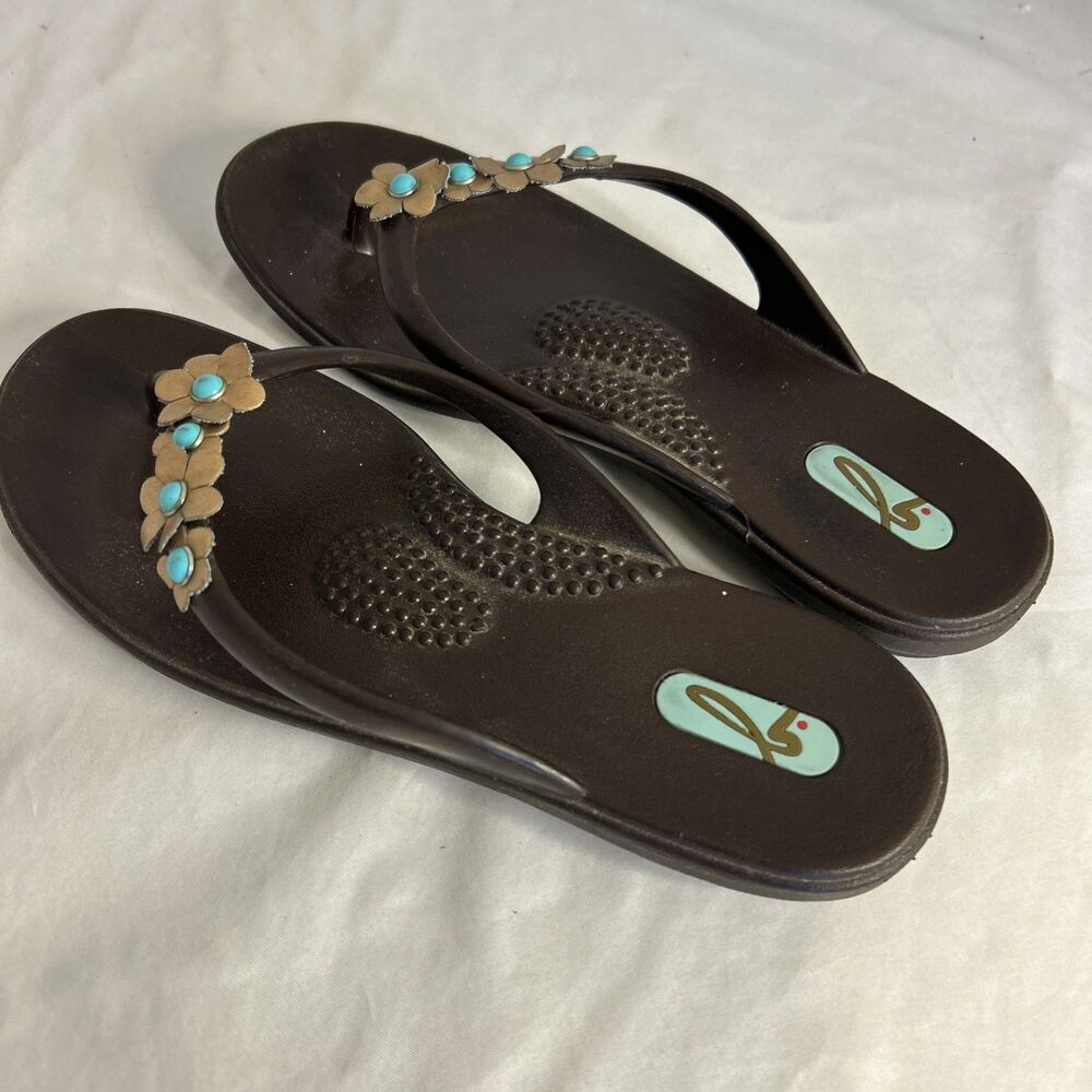 #8489 OKAL BROWN WOMENS SANDALS SLIDES SIZE S FLOWERS